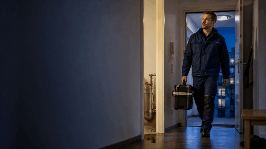Klempner mit Werkzeugkoffer beim Notdiensteinsatz in einer Berliner Wohnung