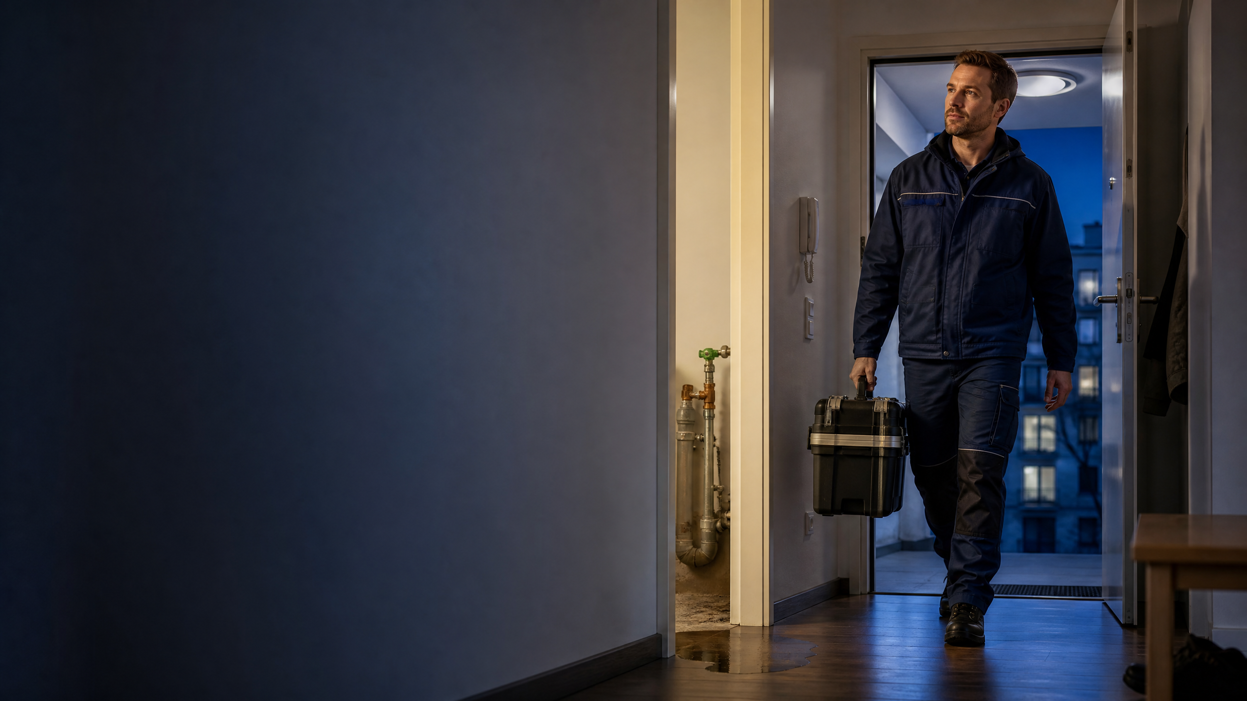 Klempner mit Werkzeugkoffer beim Notdiensteinsatz in einer Berliner Wohnung